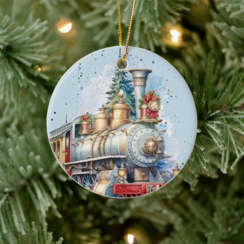 watercolor Christmas Holiday train add message Ceramic Ornament