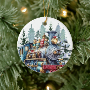 watercolor Christmas Holiday train add message Ceramic Ornament