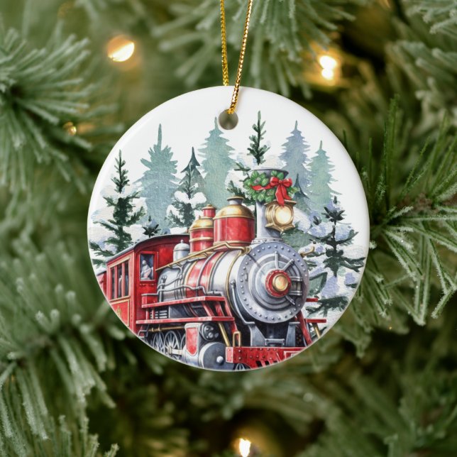 watercolor Christmas Holiday train add message  Ceramic Ornament (Tree)