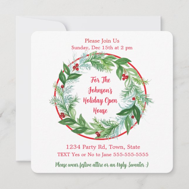 Watercolor Christmas Holiday Wreath CUSTOM Invitation (Front)