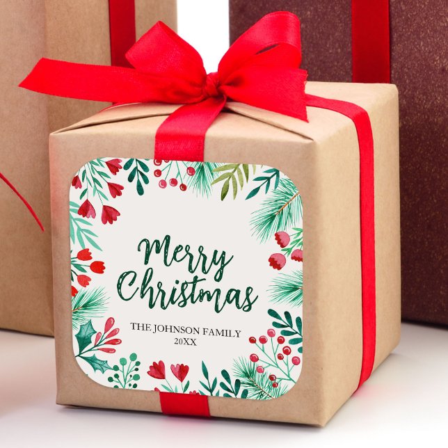 Watercolor Christmas Holly and Berries Family Square Sticker (Watercolor Christmas Winter Wreath with Holly Square Sticker)