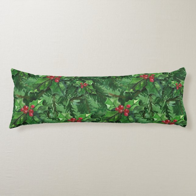 Watercolor Christmas Holly Berries Body Pillow (Front)