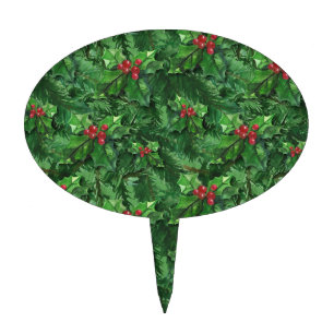 Watercolor Christmas Holly Berries Cake Topper