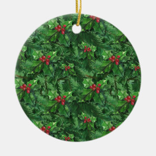 Watercolor Christmas Holly Berries Ceramic Ornament
