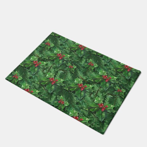Watercolor Christmas Holly Berries Doormat