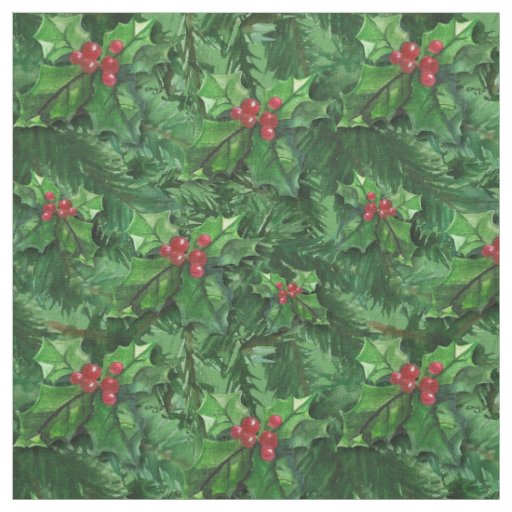 Watercolor Christmas Holly Berries Fabric