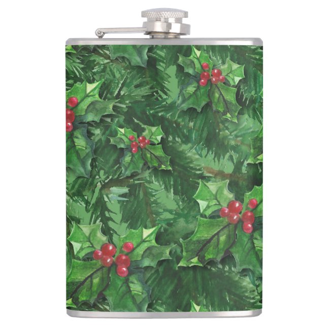 Watercolor Christmas Holly Berries Flask (Front)