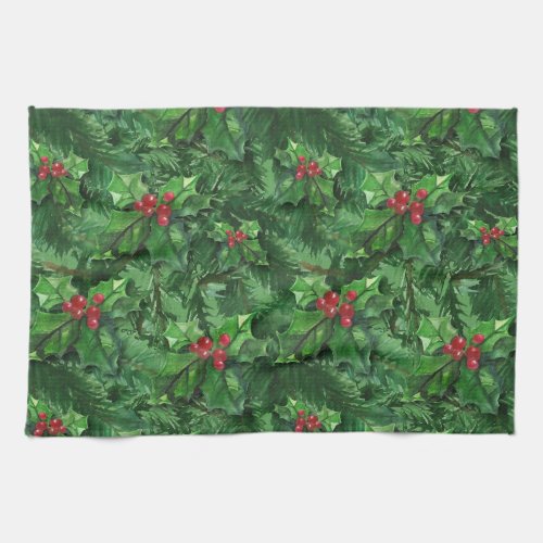Watercolor Christmas Holly Berries Kitchen Towel