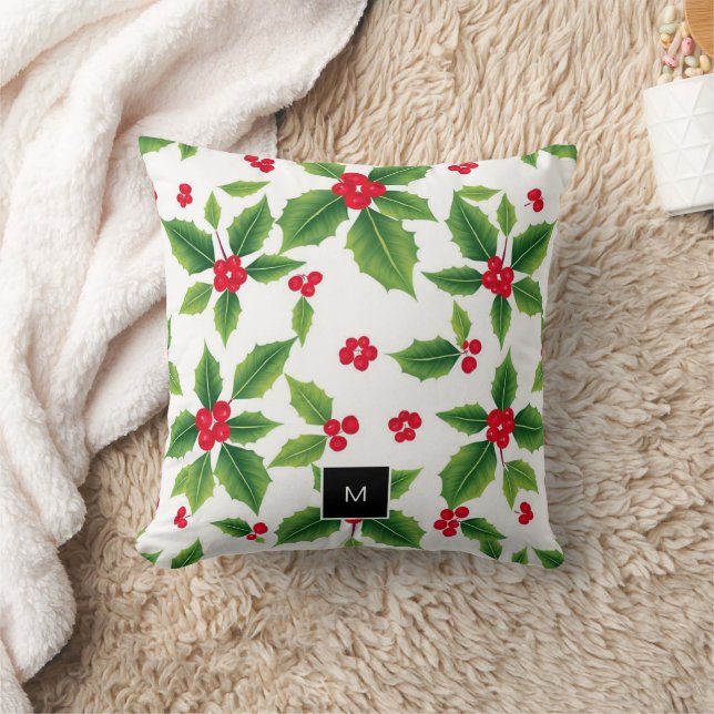 Watercolor christmas holly berries monogrammed throw pillow (Blanket)