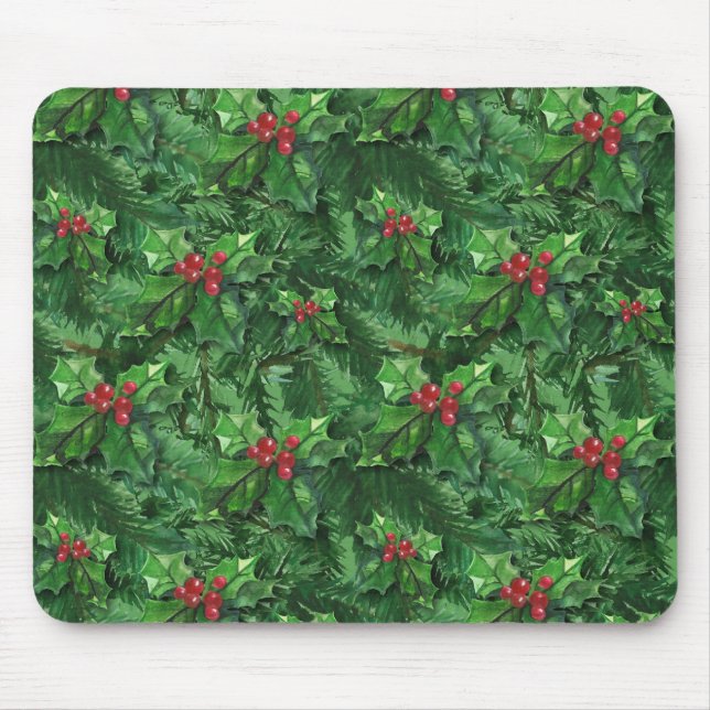Watercolor Christmas Holly Berries Mouse Pad (Front)