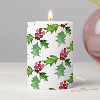 Watercolor Christmas Holly Berries Pillar Candle