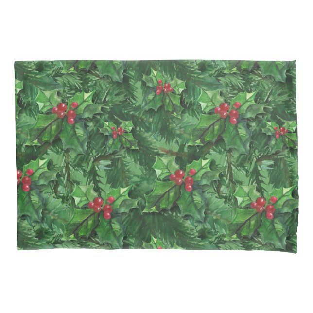 Watercolor Christmas Holly Berries Pillow Case (Front)