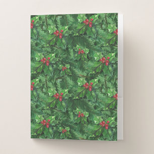 Watercolor Christmas Holly Berries Pocket Folder