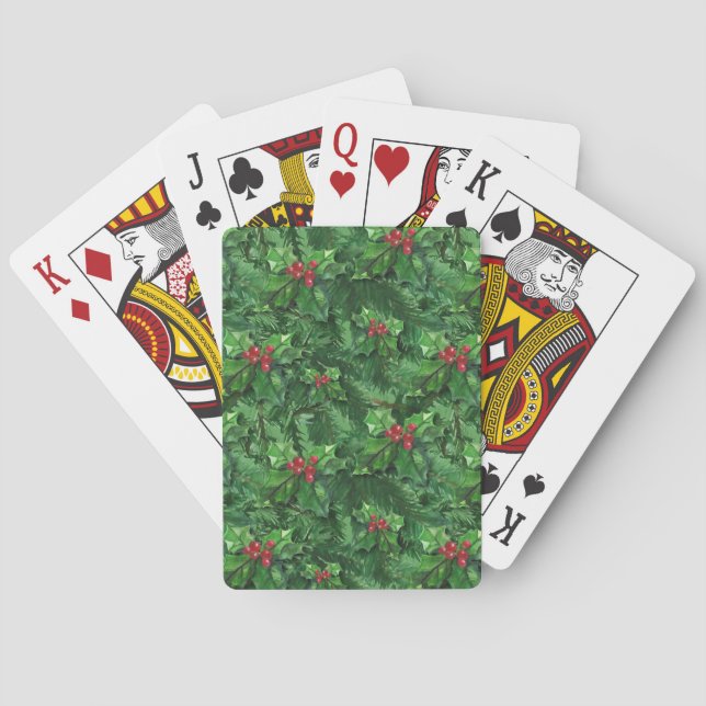 Watercolor Christmas Holly Berries Poker Cards (Back)
