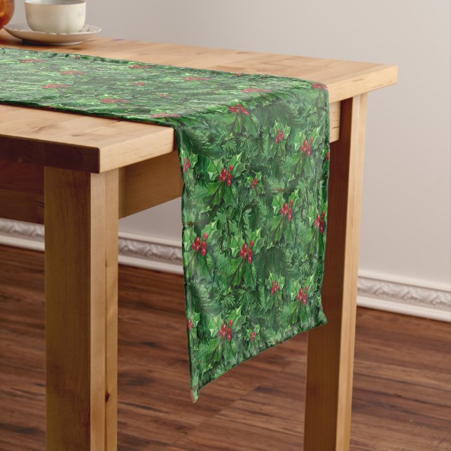 Watercolor Christmas Holly Berries Short Table Runner (In Situ)