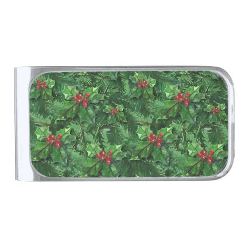 Watercolor Christmas Holly Berries Silver Finish Money Clip
