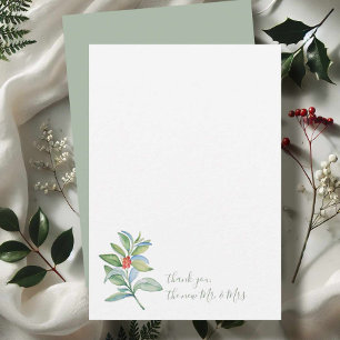 Watercolor Christmas Holly & Berries Thank You Note Card