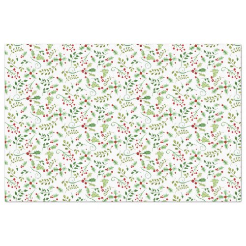 Watercolor Christmas Holly Berry Leaves Red Green Tissue Paper