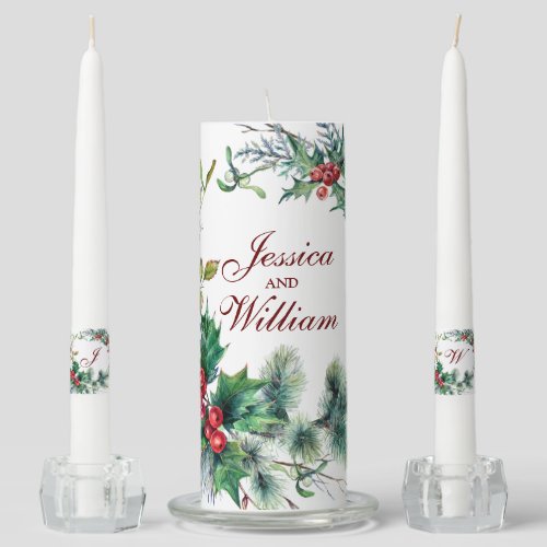 Watercolor Christmas Holly Berry Wreath Unity Candle Set