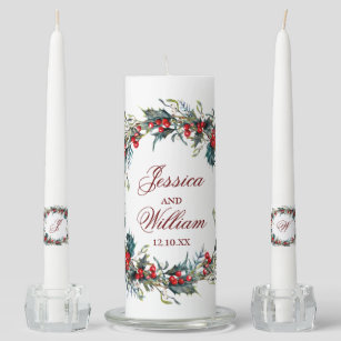Watercolor Christmas Holly Berry Wreath Unity Candle Set