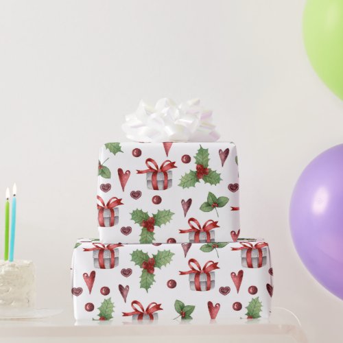 Watercolor Christmas Holly Hearts Holiday Wrapping Paper