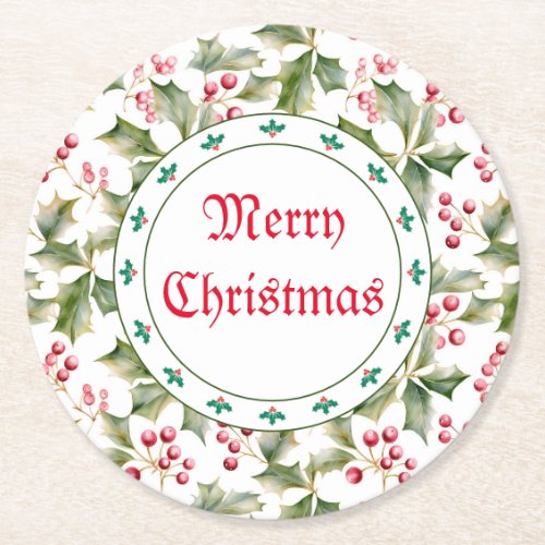 Watercolor Christmas Holly  Ivy Decorative Round Paper Coaster