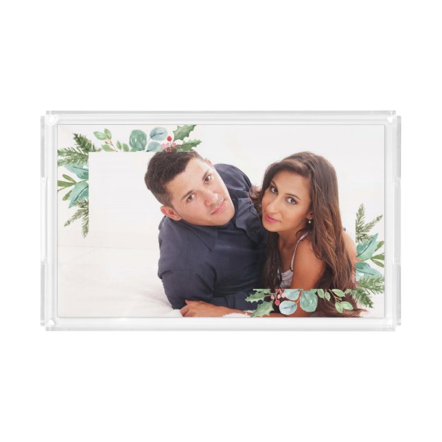 Watercolor Christmas Holly Jolly Couple photo Acrylic Tray (Front)