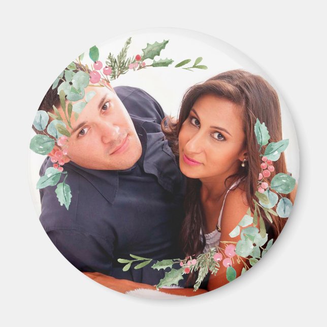 Watercolor Christmas Holly Jolly Couple photo Magnet (Front)