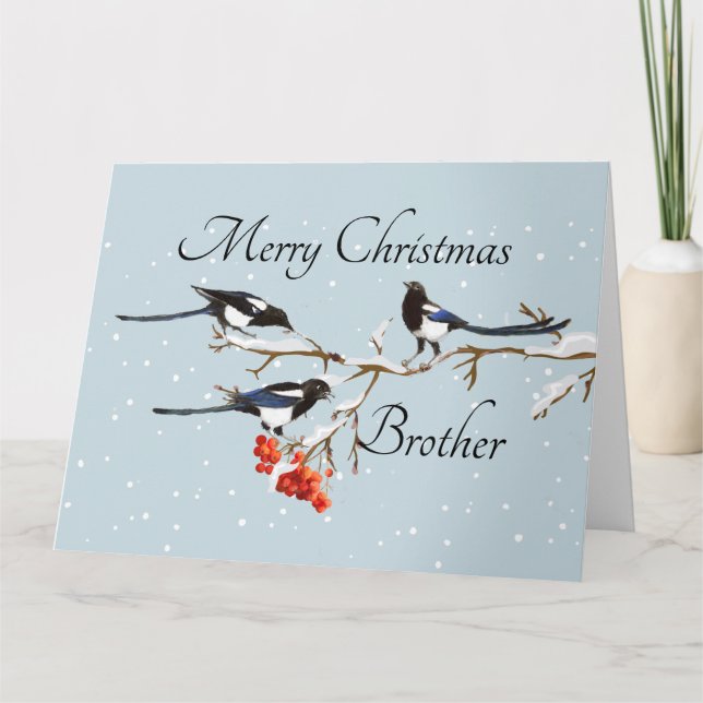 Watercolor Christmas Holly Magpie Bird Brother Card (Front)