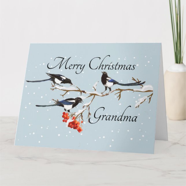 Watercolor Christmas Holly Magpie Bird Grandma Card (Front)