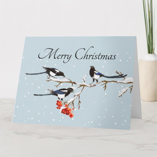 Watercolor Christmas Holly Magpie Bird Nature Art  Card (Front)