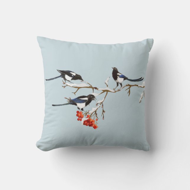 Watercolor Christmas Holly Magpie Bird Nature Art  Throw Pillow (Front)