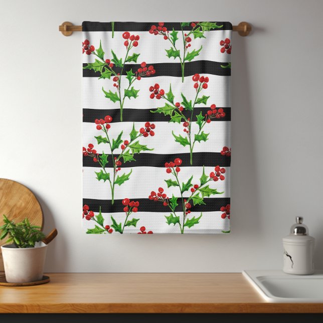 Watercolor Christmas Holly Modern Stripe Pattern Kitchen Towel (Creator Uploaded)