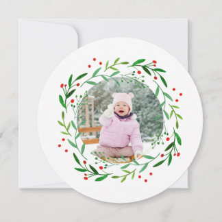 Watercolor Christmas Holly Wreath Photo Cards