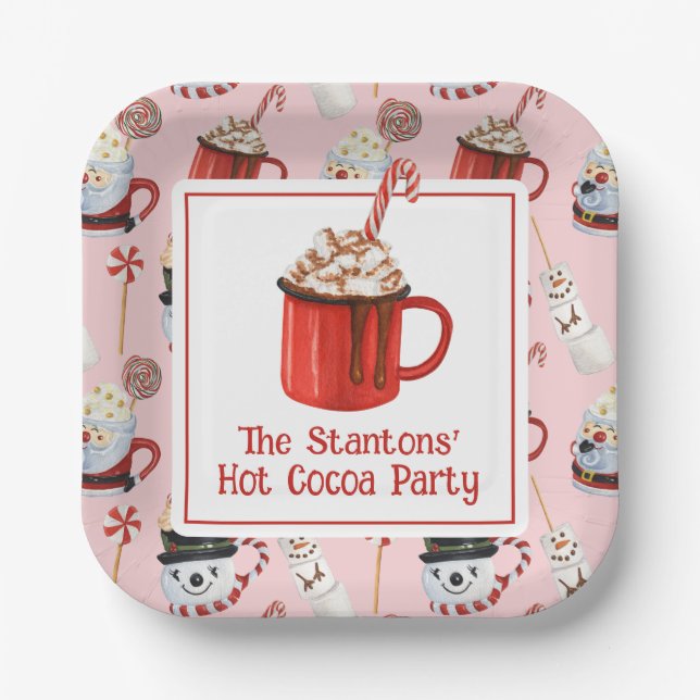 Watercolor Christmas Hot Chocolate Cocoa Party Paper Plates (Front)