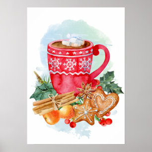 Watercolor Christmas Hot Chocolate Marshmallow Poster