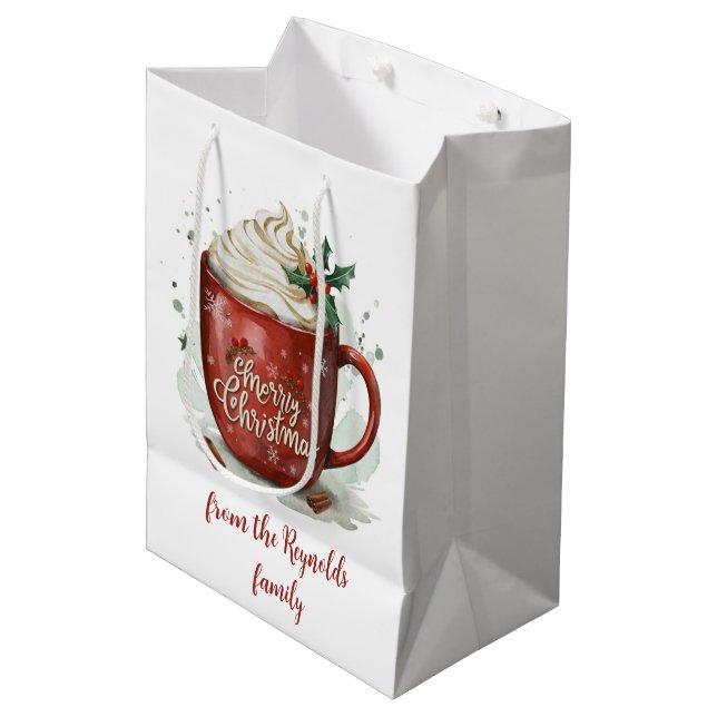 Watercolor Christmas Hot Chocolate Medium Gift Bag (Front Angled)