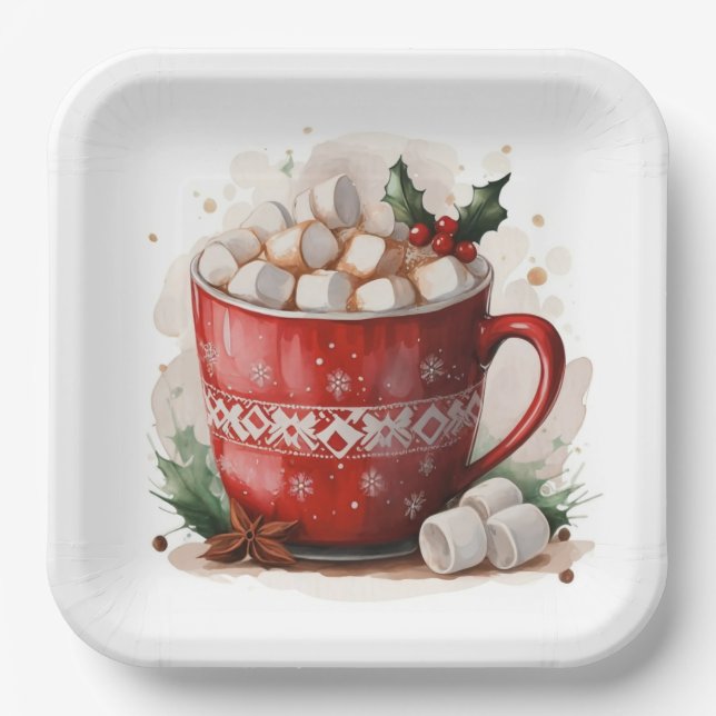 Watercolor Christmas Hot Chocolate Paper Plates (Front)