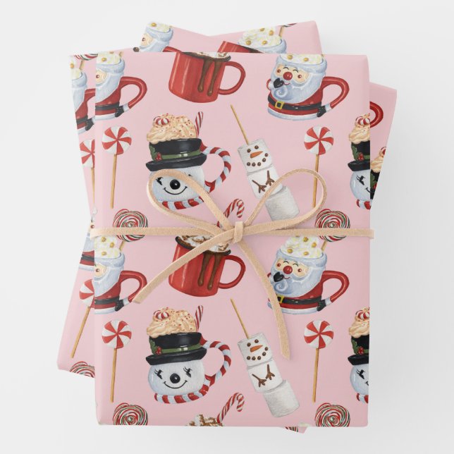 Watercolor Christmas Hot Cocoa Chocolate Wrapping Paper Sheets (In situ)