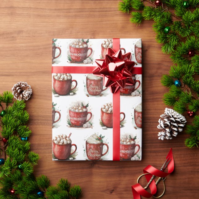 Watercolor Christmas Hot Cocoa In Red Mugs Wrapping Paper (Holiday Gift)