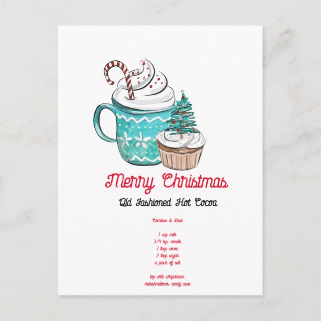 Watercolor Christmas Hot Cocoa Recipe  Postcard (Front)