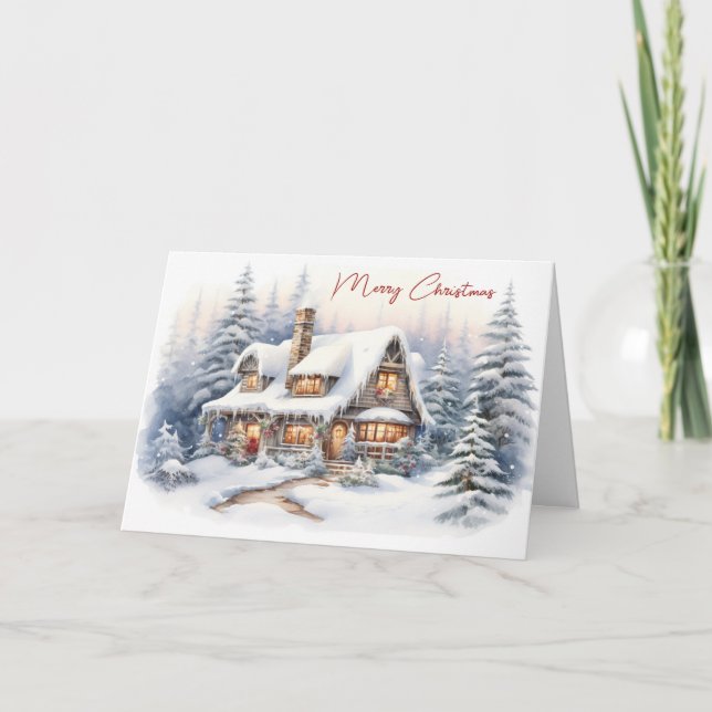 Watercolor Christmas House With Snow Holiday Card (Front)