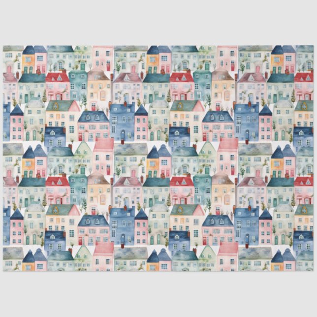 Watercolor Christmas Houses seamless pattern. Tissue Paper (Front)