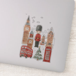 Watercolor Christmas in London Red Bus, Big Ben  Sticker