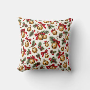 Watercolor Christmas Jingle Bells and Pine Pattern Throw Pillow