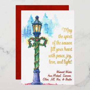 Watercolor Christmas Lamp Post Festive Beautiful Foil Holiday Card