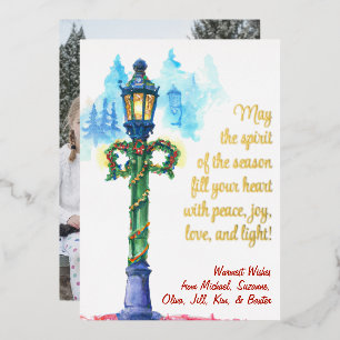 Watercolor Christmas Lamp Post Photo on Back Foil Holiday Card