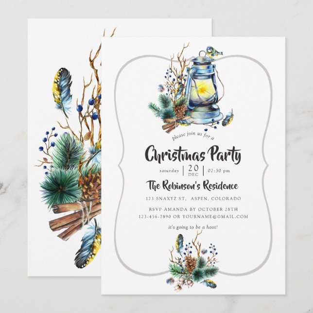 Watercolor Christmas Lantern Party Invitation (Front/Back)