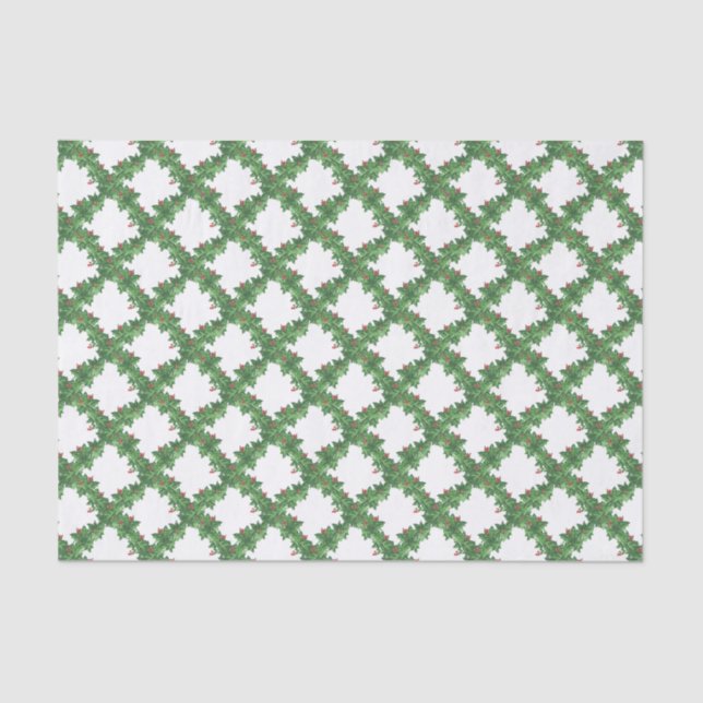 Watercolor Christmas Lattice Holly Garland Tissue Paper (Front)