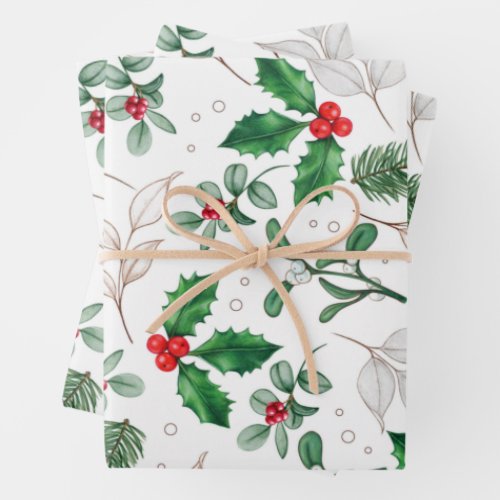 Watercolor Christmas Leaves and Berries White Wrapping Paper Sheets